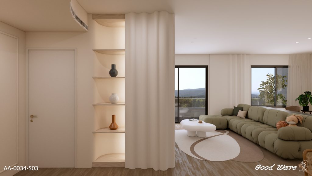 S型流線設計用於立面牆及隔斷，用於連結客廳的過道