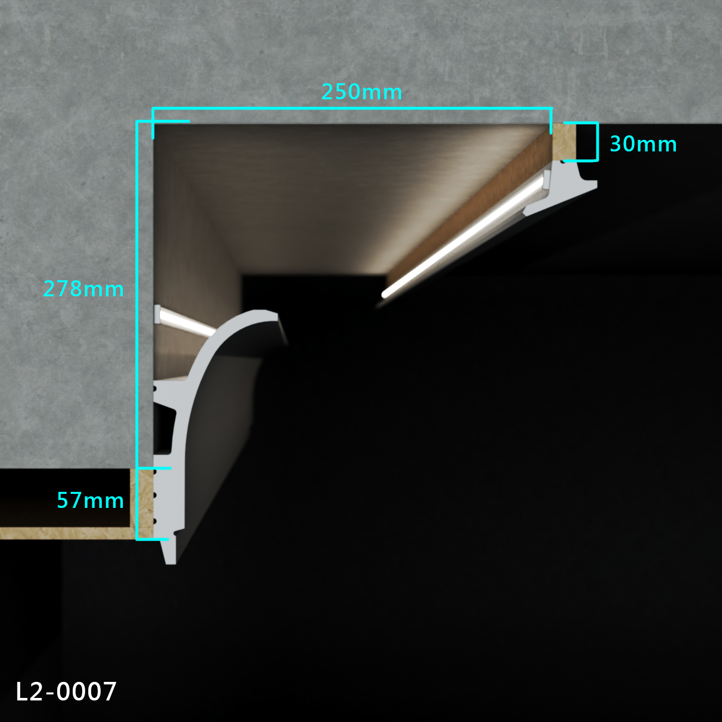牆邊樑修飾模組L2-0007施作模擬圖，運用SE-16008彎弧線板、SE-16010線板