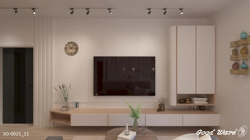 客廳電視牆模擬圖：運用弧形設計、格柵裝飾